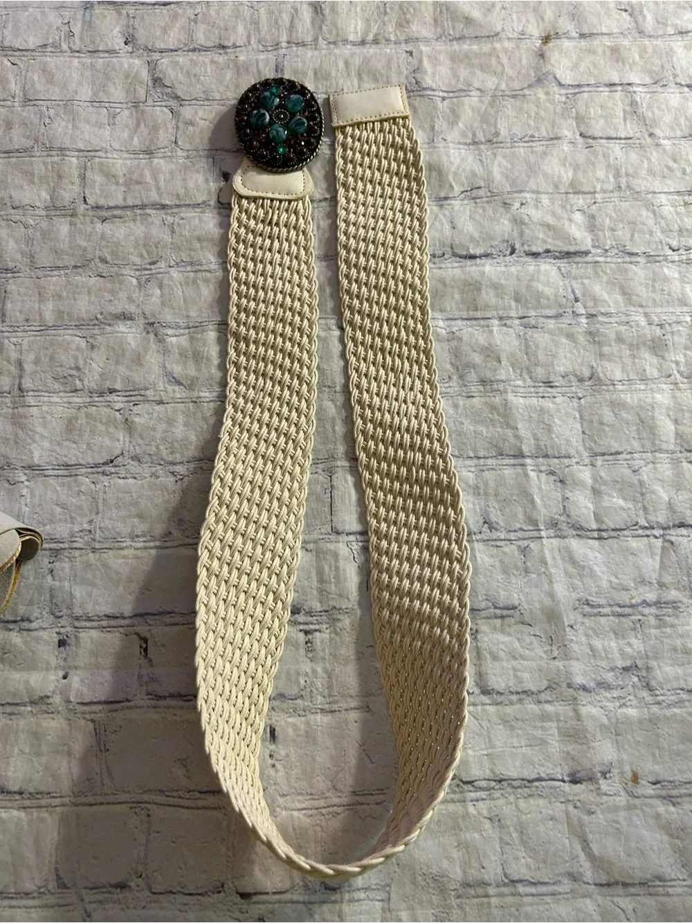 GENUINE LEATHER WITH FAUX BACK CHUNKY BEIGE WIDE AND JEWEL BUCKLE WOVEN BELTS